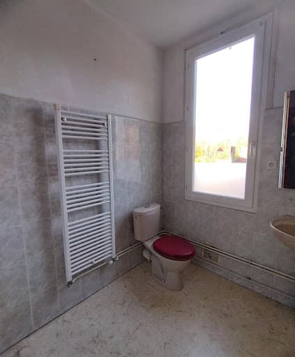 Lavabo sur colonne et baignoire rose saumon avant les travaux de rénovation salle de bain à Strasbourg par l'entreprise CHAUFFECO.