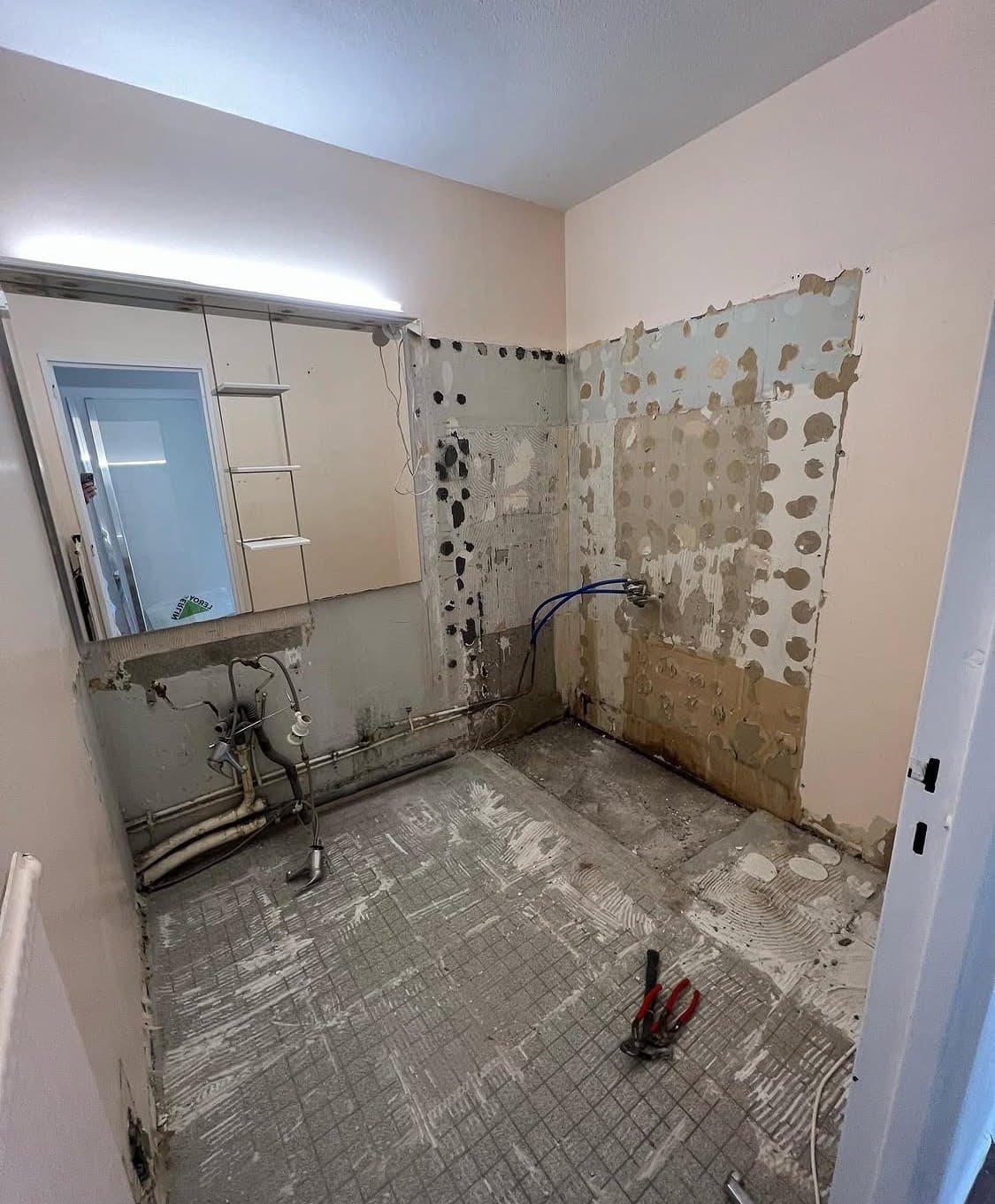 État initial d'une pièce d'eau avant une rénovation salle de bain à Sélestat, montrant un meuble double vasque démodé, un ancien sol carrelé et une paroi de douche en pavés de verre.